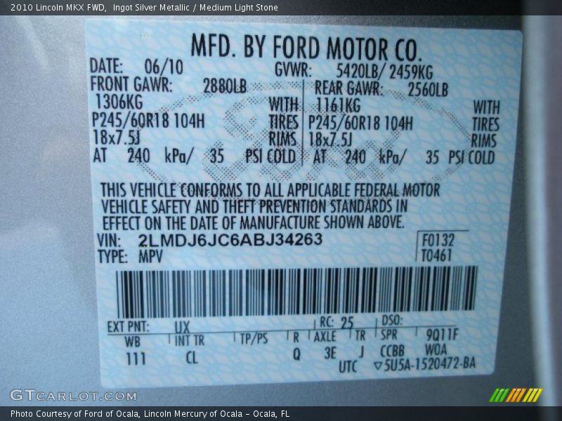 Ingot Silver Metallic / Medium Light Stone 2010 Lincoln MKX FWD