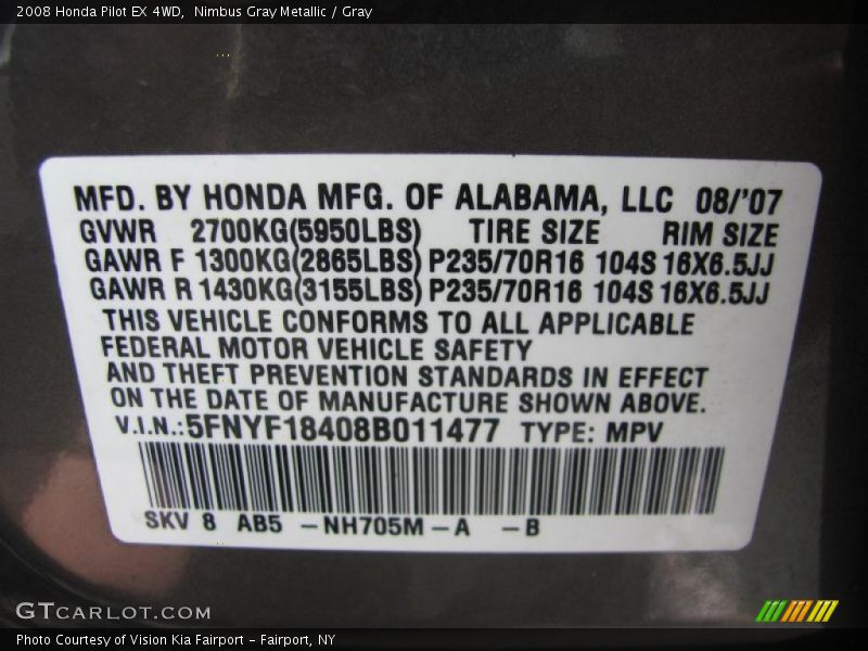 Nimbus Gray Metallic / Gray 2008 Honda Pilot EX 4WD