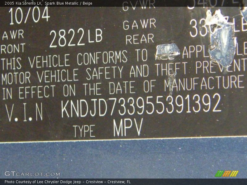 Spark Blue Metallic / Beige 2005 Kia Sorento LX