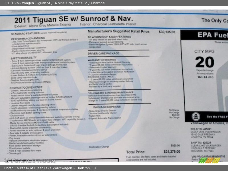 Alpine Gray Metallic / Charcoal 2011 Volkswagen Tiguan SE