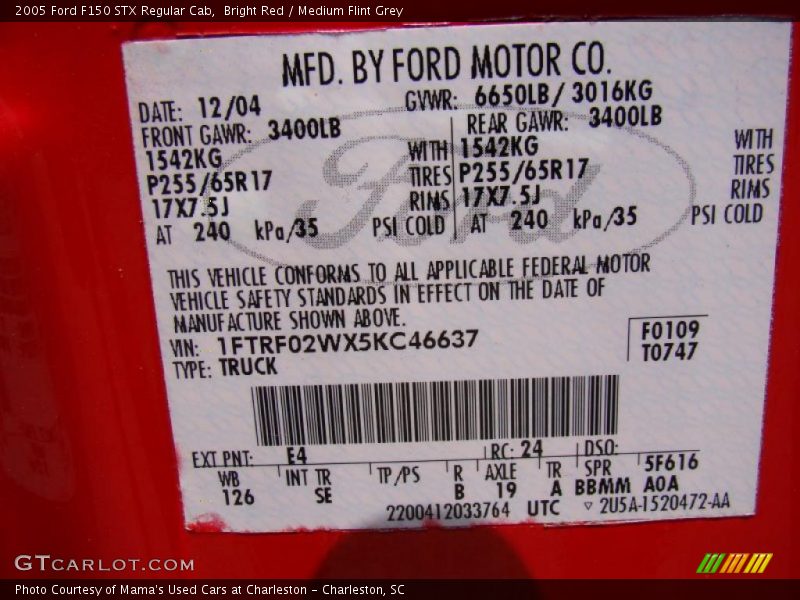 Bright Red / Medium Flint Grey 2005 Ford F150 STX Regular Cab