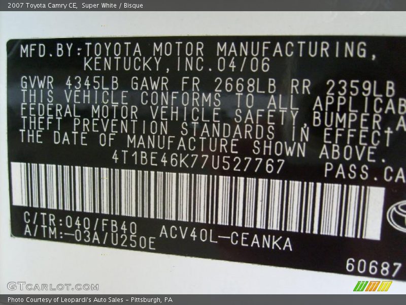 Super White / Bisque 2007 Toyota Camry CE