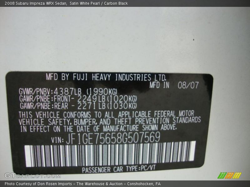 Satin White Pearl / Carbon Black 2008 Subaru Impreza WRX Sedan