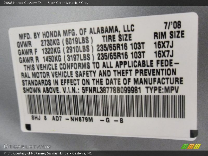 Slate Green Metallic / Gray 2008 Honda Odyssey EX-L