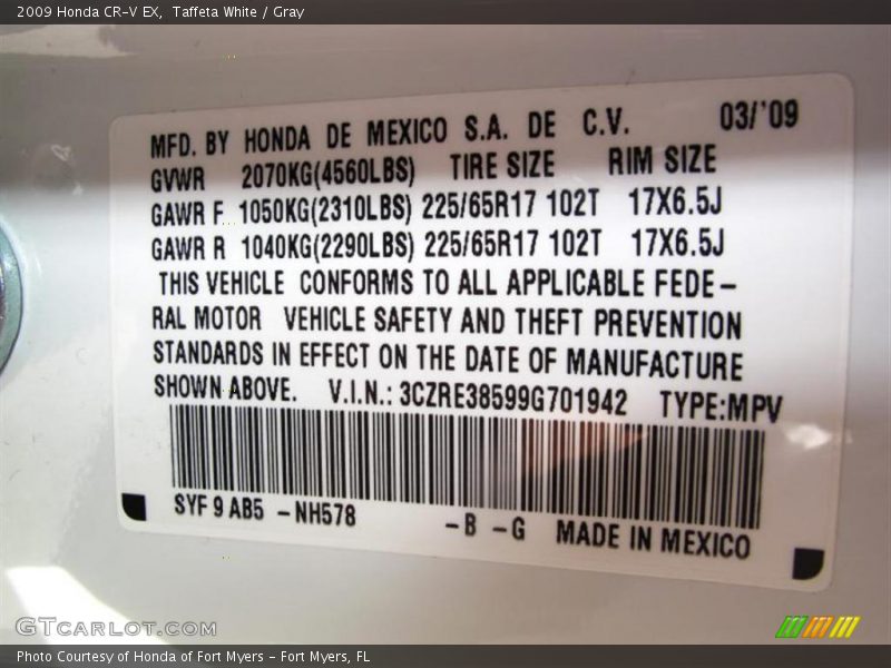 2009 CR-V EX Taffeta White Color Code NH578