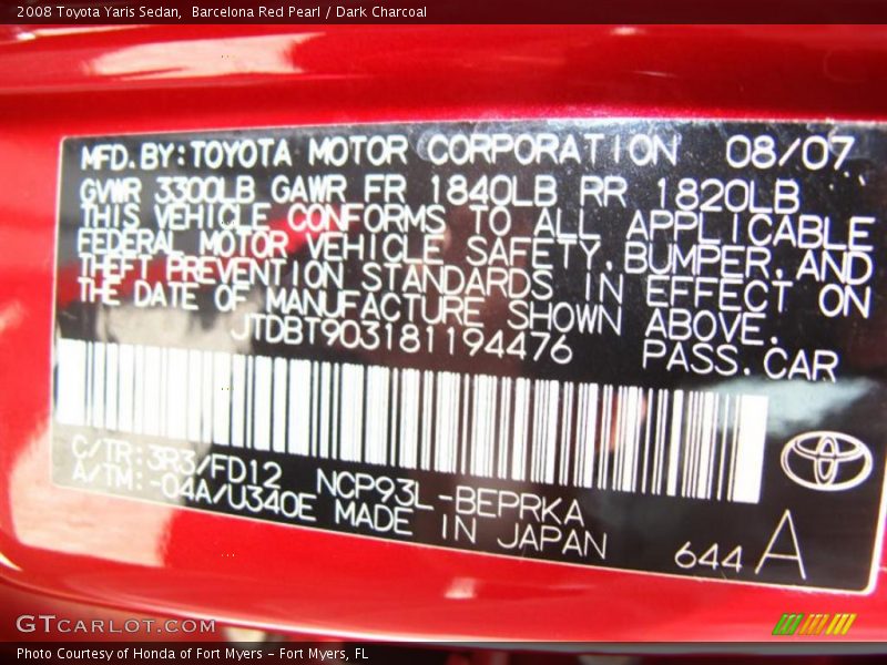 Barcelona Red Pearl / Dark Charcoal 2008 Toyota Yaris Sedan