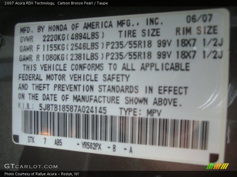 Carbon Bronze Pearl / Taupe 2007 Acura RDX Technology