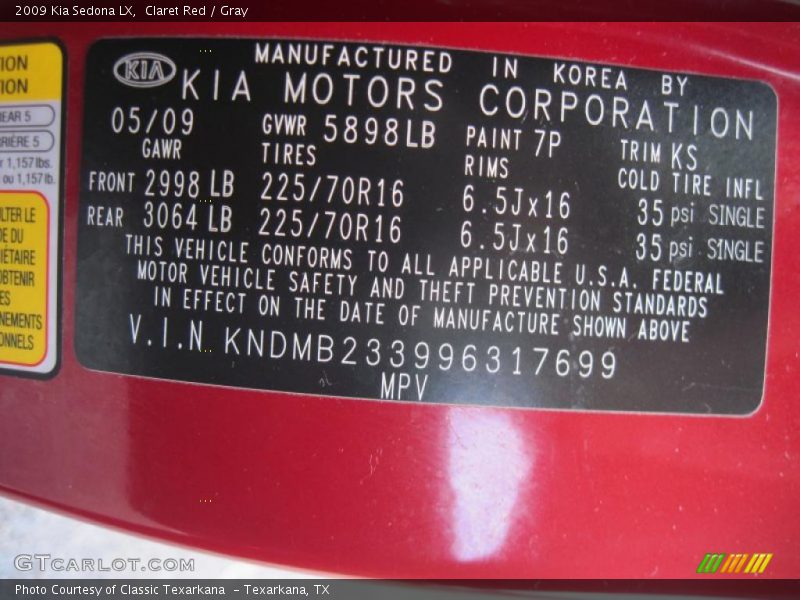 Claret Red / Gray 2009 Kia Sedona LX