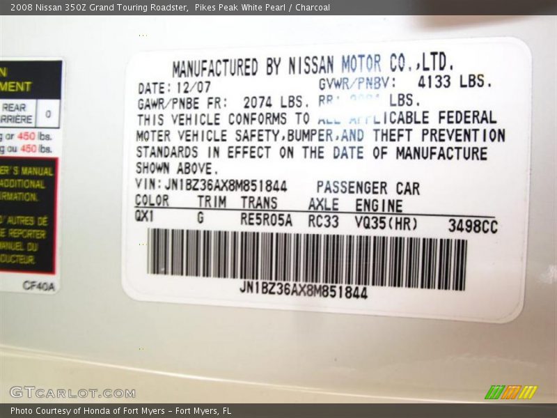 Pikes Peak White Pearl / Charcoal 2008 Nissan 350Z Grand Touring Roadster