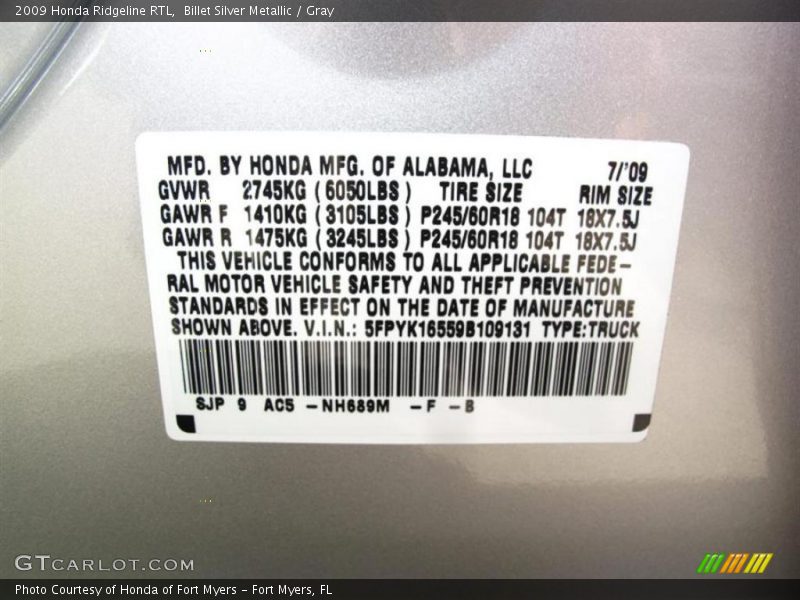 Billet Silver Metallic / Gray 2009 Honda Ridgeline RTL