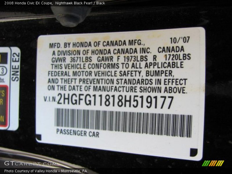 Nighthawk Black Pearl / Black 2008 Honda Civic EX Coupe