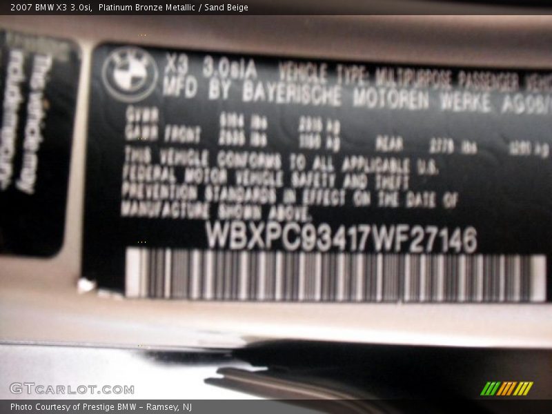 Platinum Bronze Metallic / Sand Beige 2007 BMW X3 3.0si