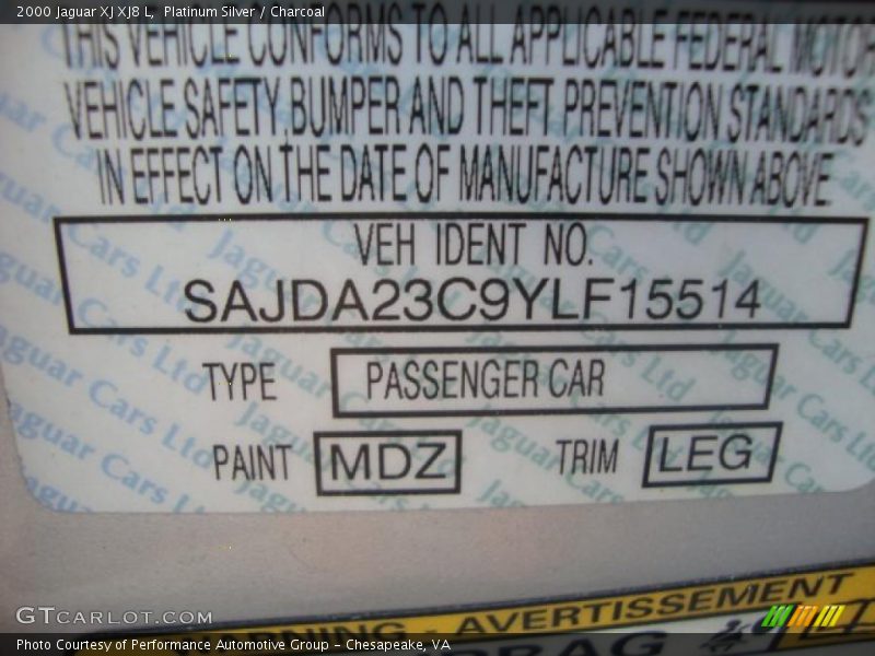 Platinum Silver / Charcoal 2000 Jaguar XJ XJ8 L