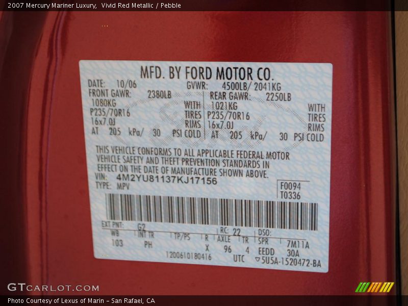 Vivid Red Metallic / Pebble 2007 Mercury Mariner Luxury