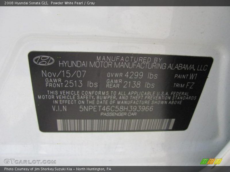 Powder White Pearl / Gray 2008 Hyundai Sonata GLS