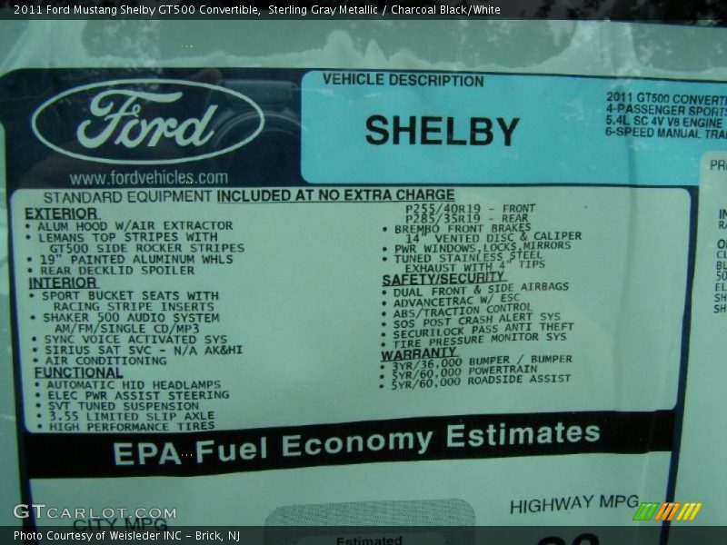 Sterling Gray Metallic / Charcoal Black/White 2011 Ford Mustang Shelby GT500 Convertible