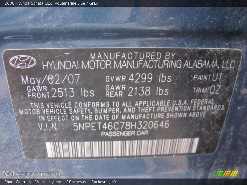 Aquamarine Blue / Gray 2008 Hyundai Sonata GLS