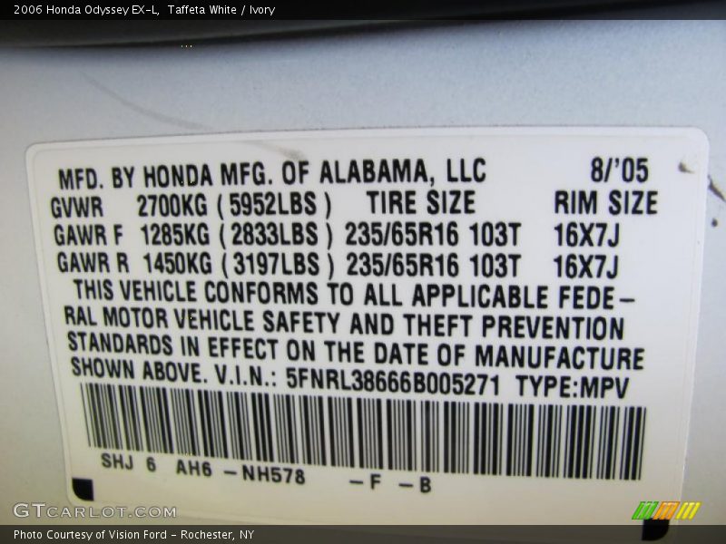 Taffeta White / Ivory 2006 Honda Odyssey EX-L