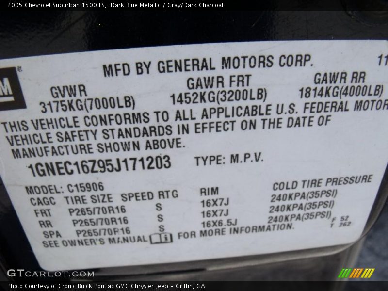 Dark Blue Metallic / Gray/Dark Charcoal 2005 Chevrolet Suburban 1500 LS