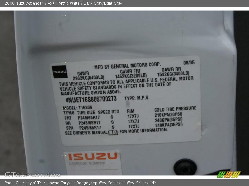 Arctic White / Dark Gray/Light Gray 2006 Isuzu Ascender S 4x4