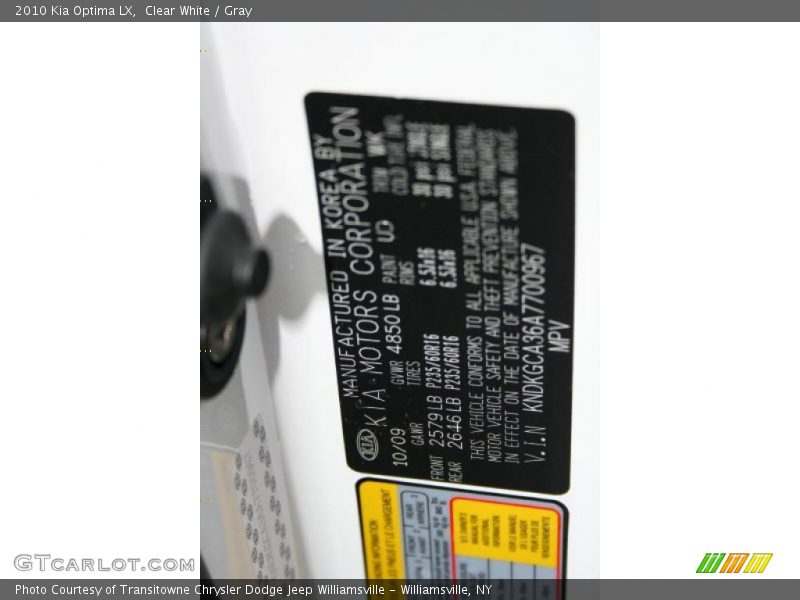 Clear White / Gray 2010 Kia Optima LX