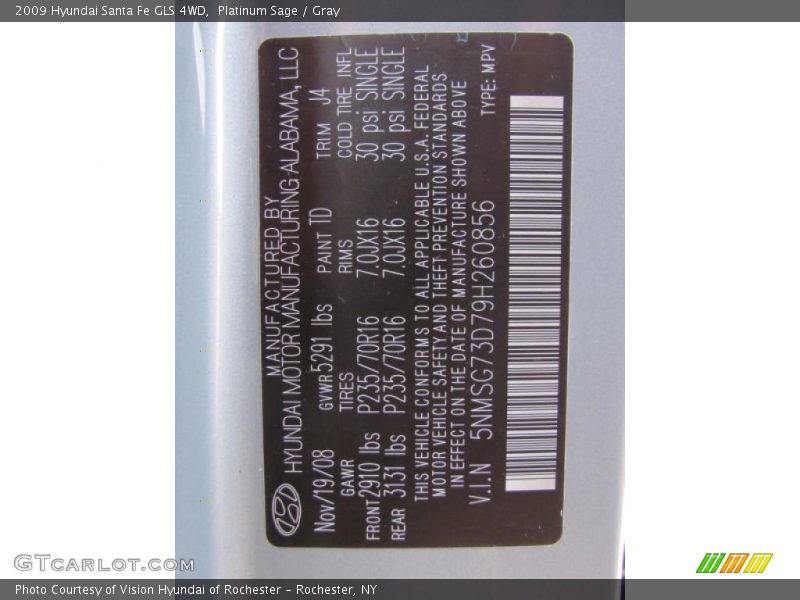 2009 Santa Fe GLS 4WD Platinum Sage Color Code TD