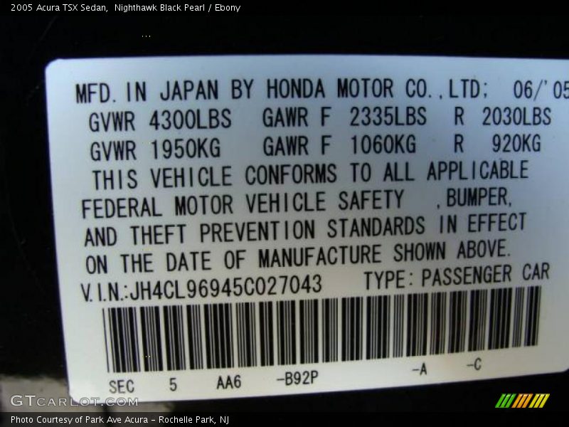 Nighthawk Black Pearl / Ebony 2005 Acura TSX Sedan