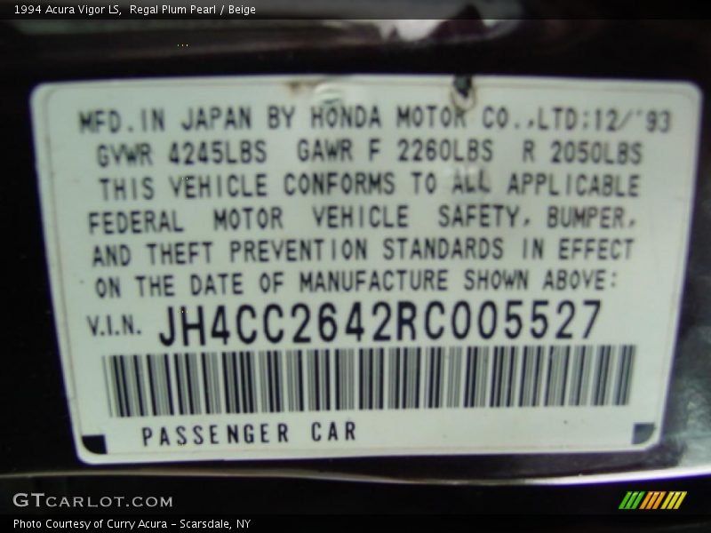 Regal Plum Pearl / Beige 1994 Acura Vigor LS