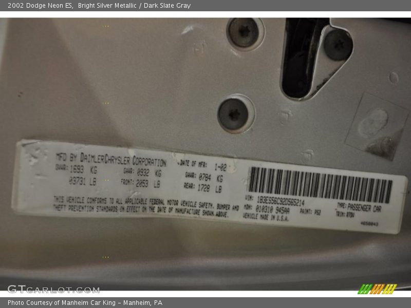 Bright Silver Metallic / Dark Slate Gray 2002 Dodge Neon ES