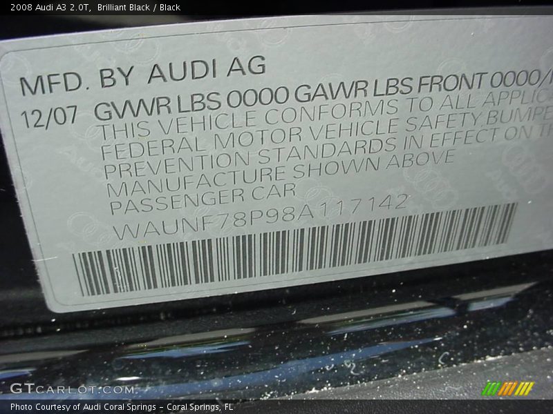 Brilliant Black / Black 2008 Audi A3 2.0T