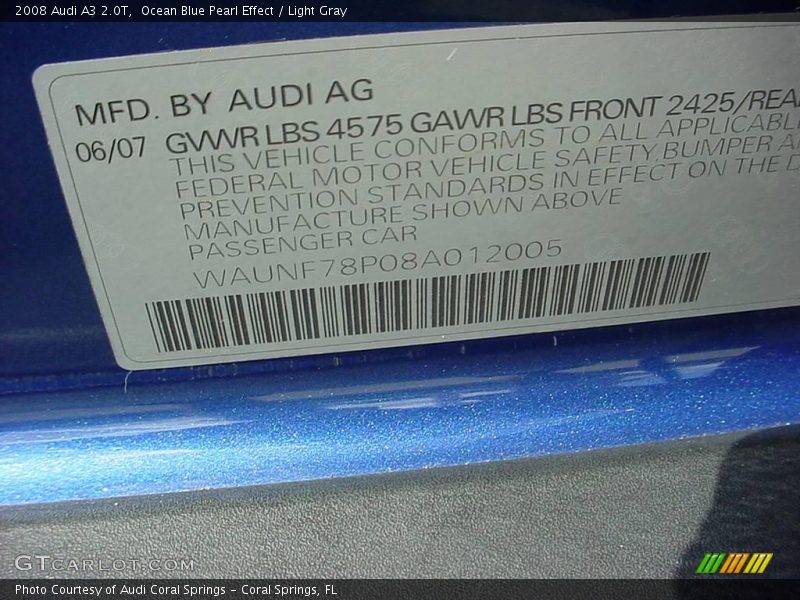Ocean Blue Pearl Effect / Light Gray 2008 Audi A3 2.0T