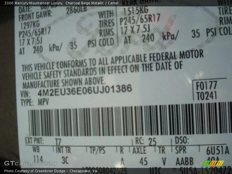 Charcoal Beige Metallic / Camel 2006 Mercury Mountaineer Luxury
