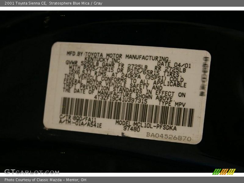 Stratosphere Blue Mica / Gray 2001 Toyota Sienna CE