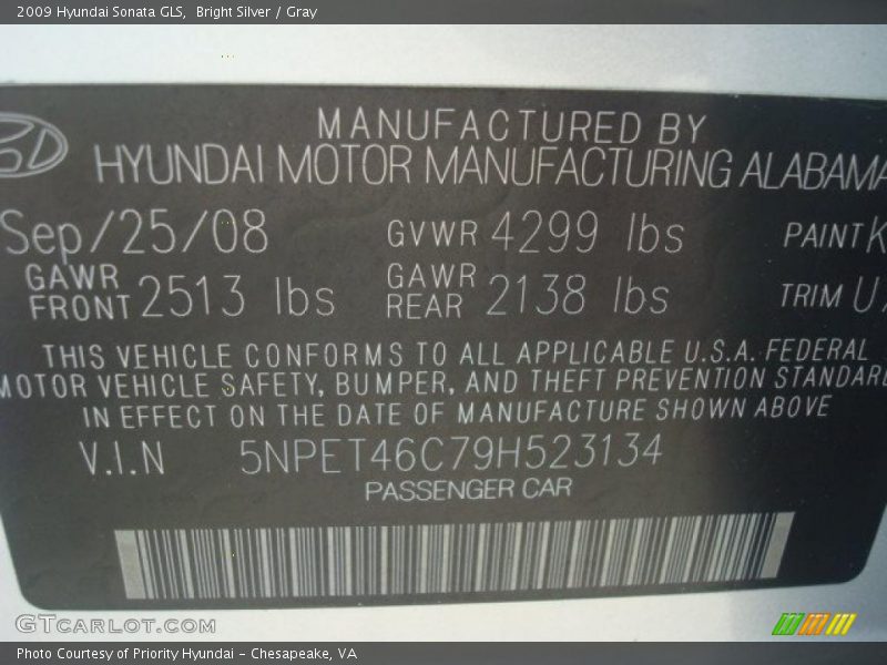 Bright Silver / Gray 2009 Hyundai Sonata GLS