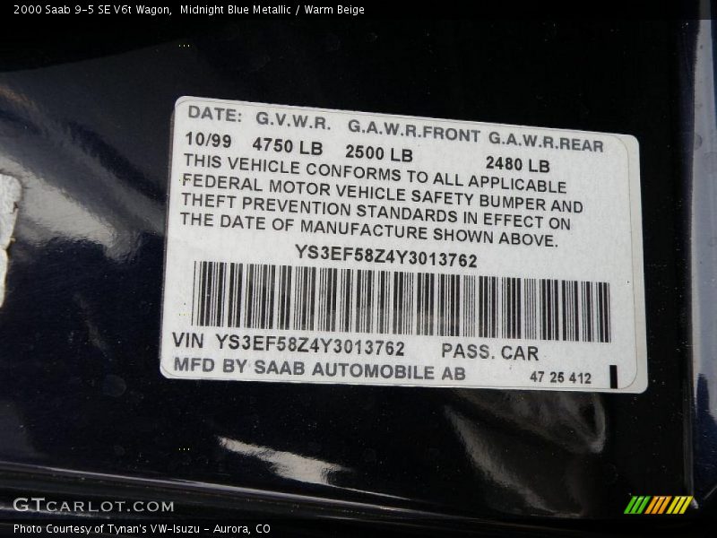 Midnight Blue Metallic / Warm Beige 2000 Saab 9-5 SE V6t Wagon