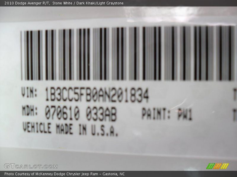 Stone White / Dark Khaki/Light Graystone 2010 Dodge Avenger R/T