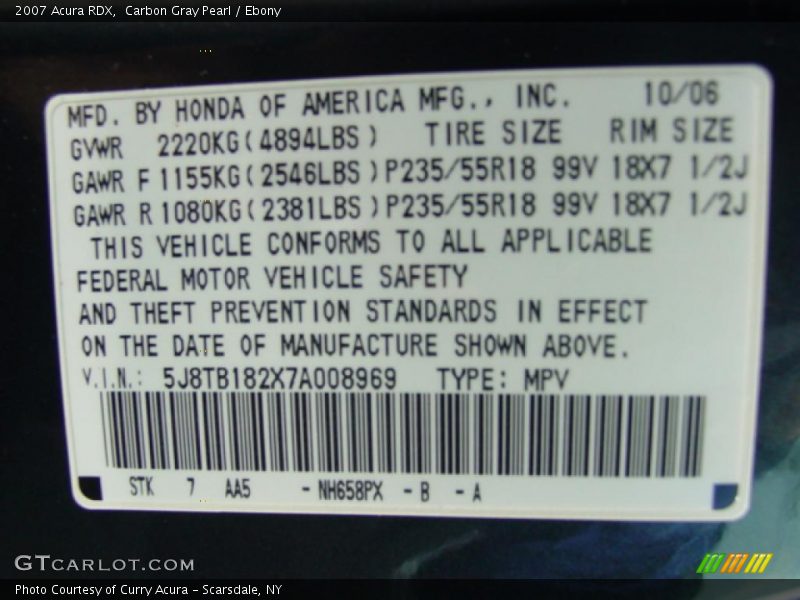 Carbon Gray Pearl / Ebony 2007 Acura RDX