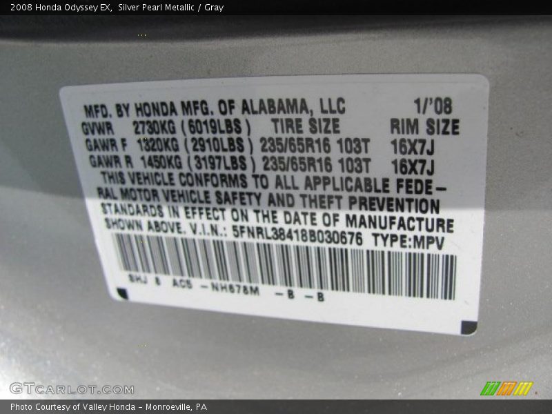 Silver Pearl Metallic / Gray 2008 Honda Odyssey EX