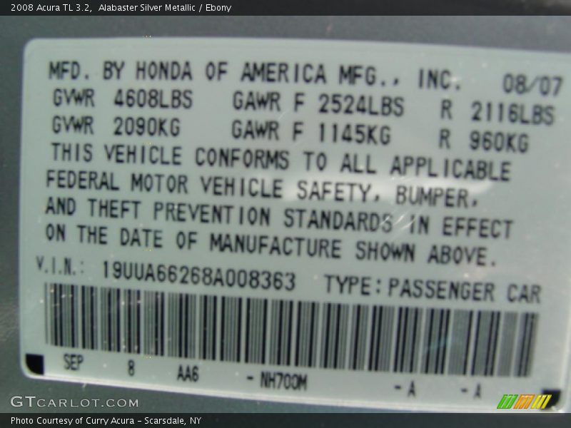 Alabaster Silver Metallic / Ebony 2008 Acura TL 3.2