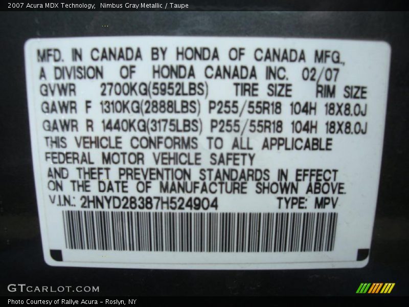 Nimbus Gray Metallic / Taupe 2007 Acura MDX Technology