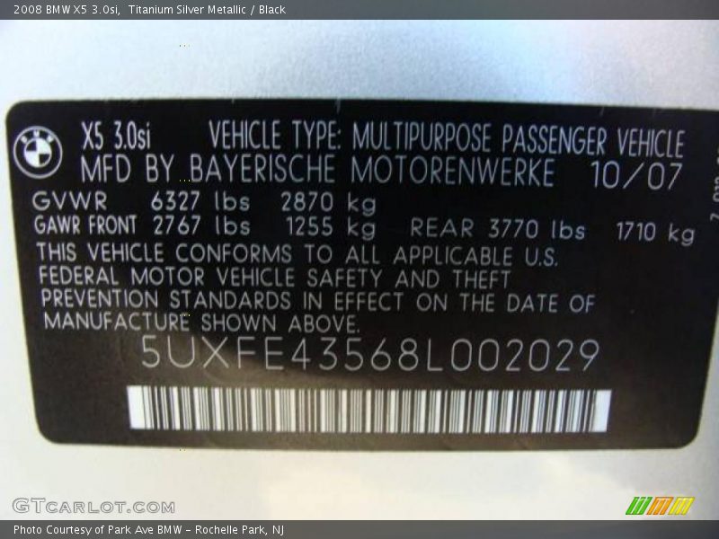 Titanium Silver Metallic / Black 2008 BMW X5 3.0si