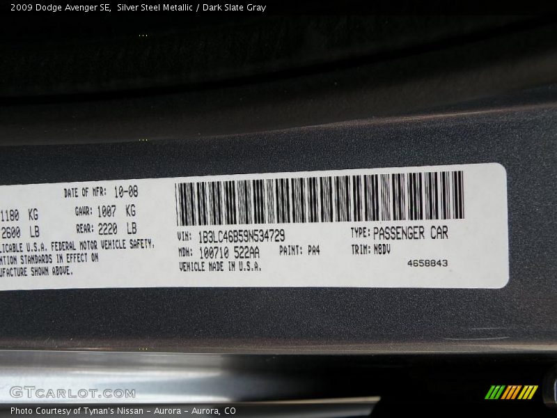 Silver Steel Metallic / Dark Slate Gray 2009 Dodge Avenger SE