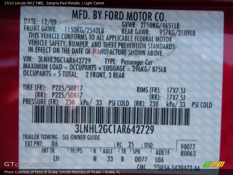 Sangria Red Metallic / Light Camel 2010 Lincoln MKZ FWD