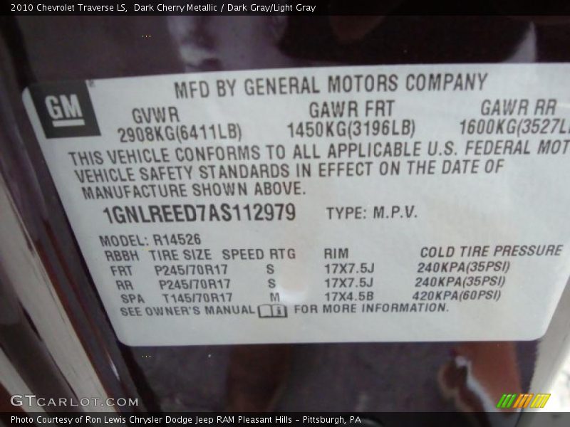 Dark Cherry Metallic / Dark Gray/Light Gray 2010 Chevrolet Traverse LS