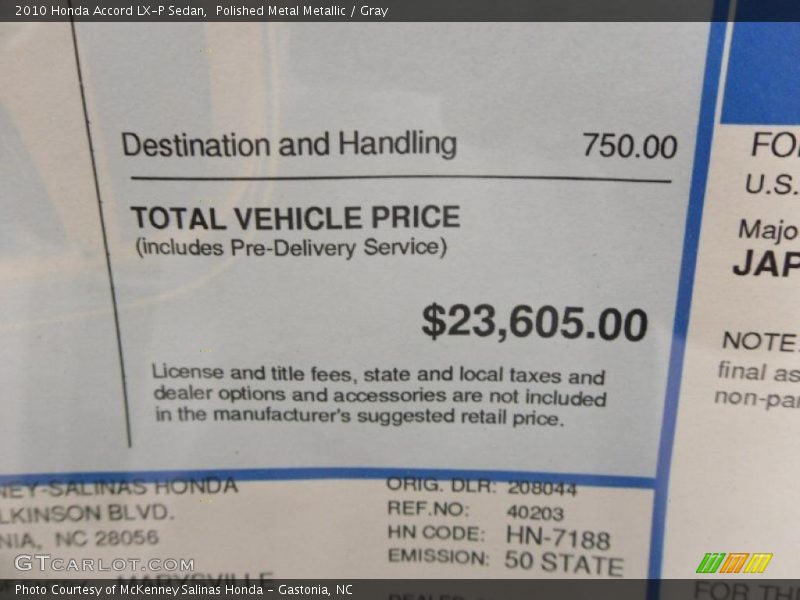 Polished Metal Metallic / Gray 2010 Honda Accord LX-P Sedan