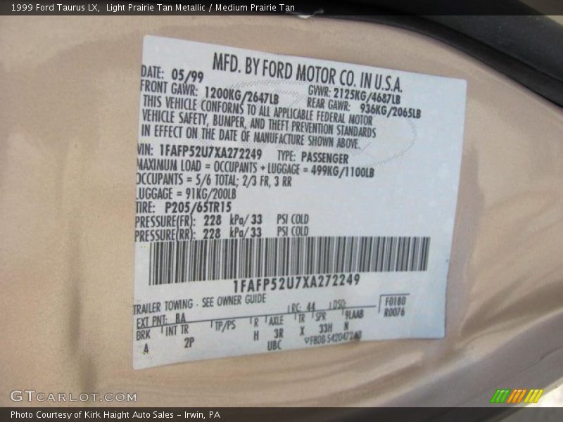 Light Prairie Tan Metallic / Medium Prairie Tan 1999 Ford Taurus LX