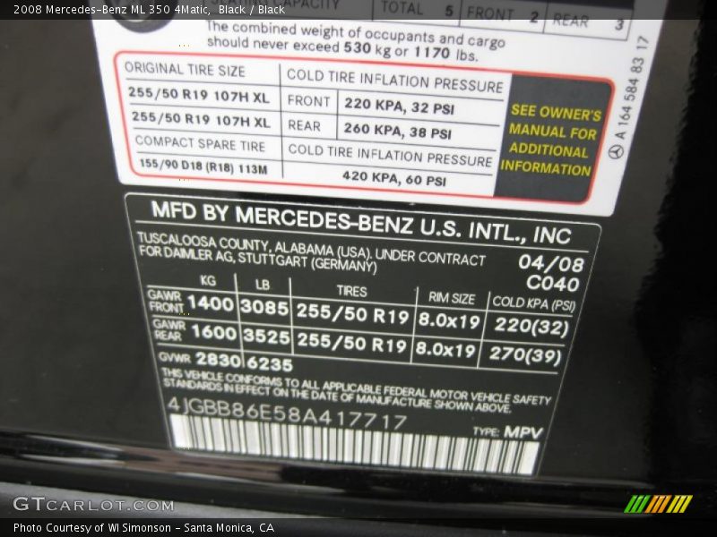 Black / Black 2008 Mercedes-Benz ML 350 4Matic