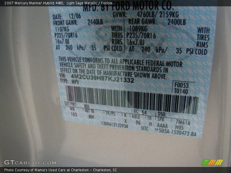 Light Sage Metallic / Pebble 2007 Mercury Mariner Hybrid 4WD