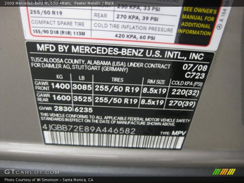 Pewter Metallic / Black 2009 Mercedes-Benz ML 550 4Matic