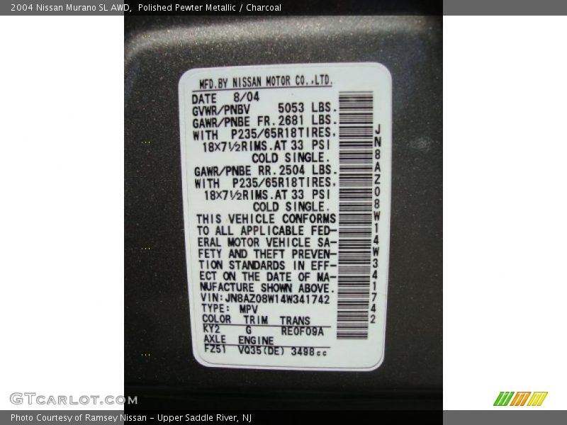 Polished Pewter Metallic / Charcoal 2004 Nissan Murano SL AWD